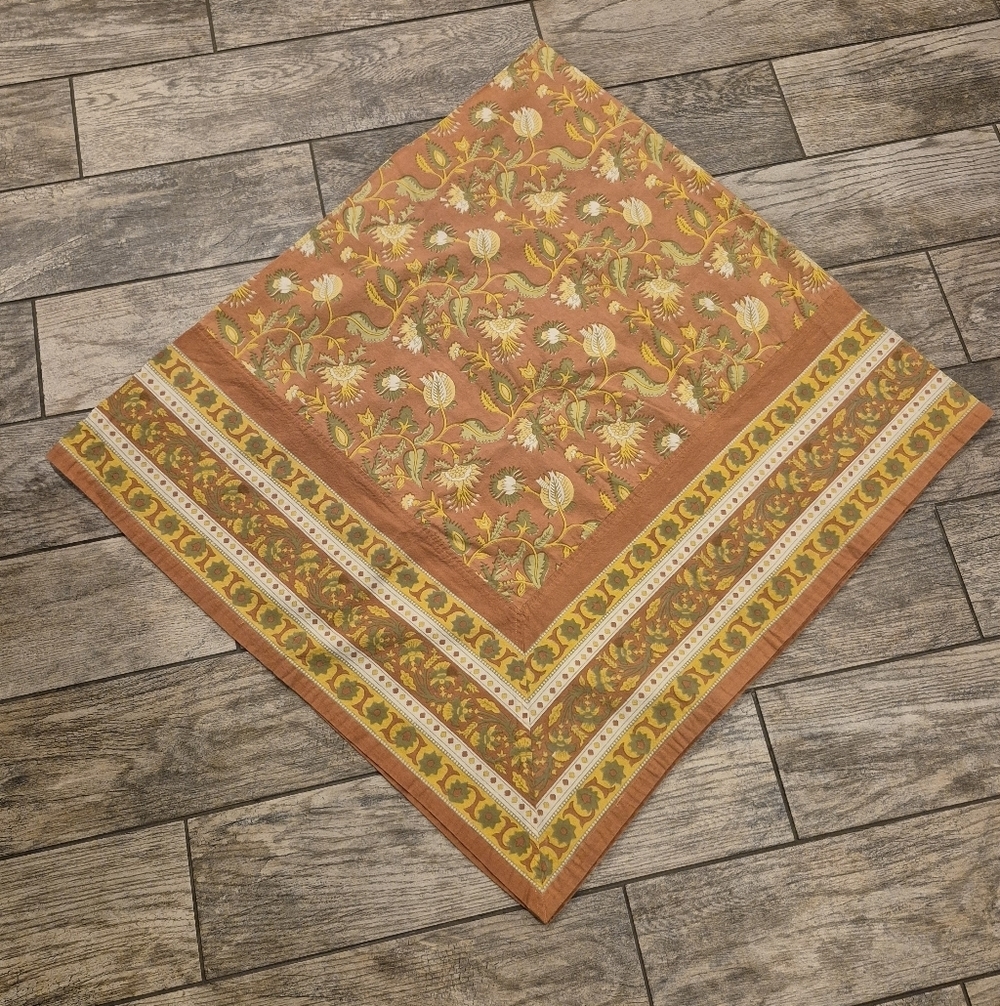 Boho Hand Block Print Cotton Tablecloth 60x60 | Terracotta & Mustard Floral